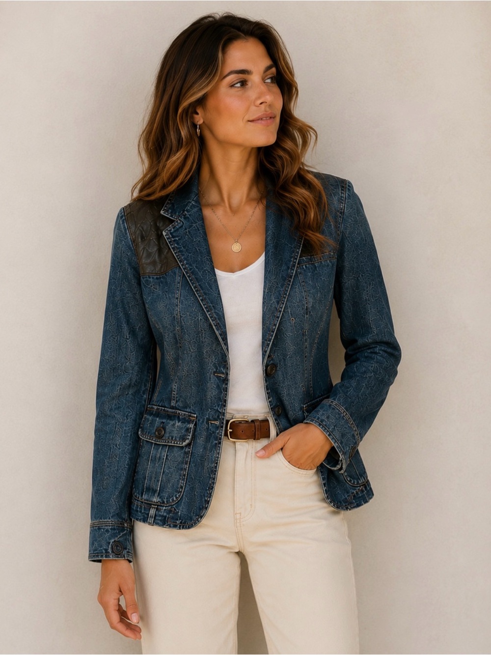 Lauren Ralph Lauren Denim Jacket P/L Leather Trim Utility Blazer